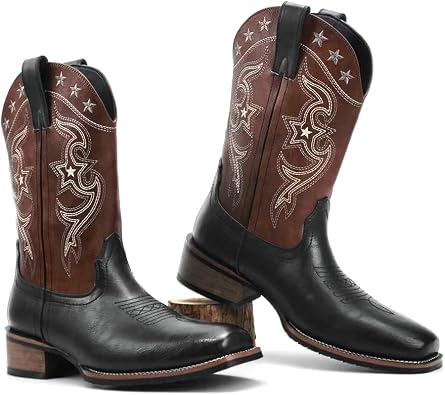 Western Cowboy Boots for Men, Square Toe Mid-Calf Boot with Star Embroidery, Two-Tone Leather Style