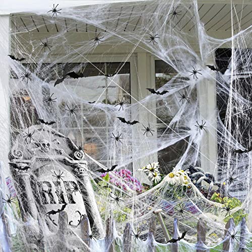 ARANEE Spinnennetz Halloween Deko Spielzeug, Set Beinhaltet 1200 FT Stretch-Spinnennetz, 30 Schwarze Plastikspinnen und 24 Fledermaus-Aufkleber, Halloween Dekoration Satz Cover