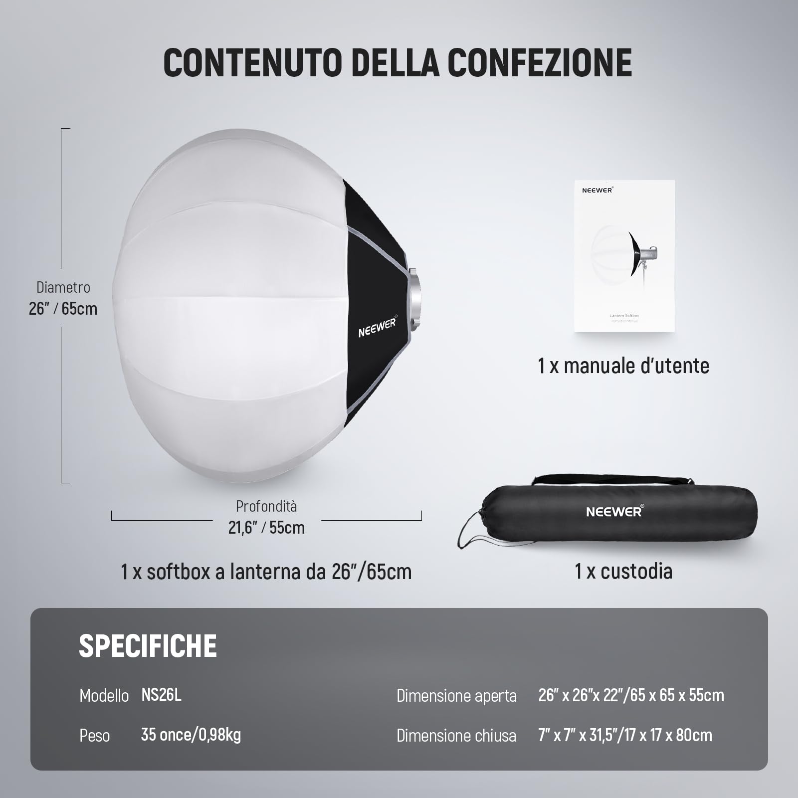 NEEWER BASICS Softbox Lanterna, 65cm Soft Box Bowens a Sgancio Rapido in Lega di Nylon Diffusore di Luce 360° per Illuminazione Continua LED, per Fotografia Studio Registrazione Video Streaming,NS15L