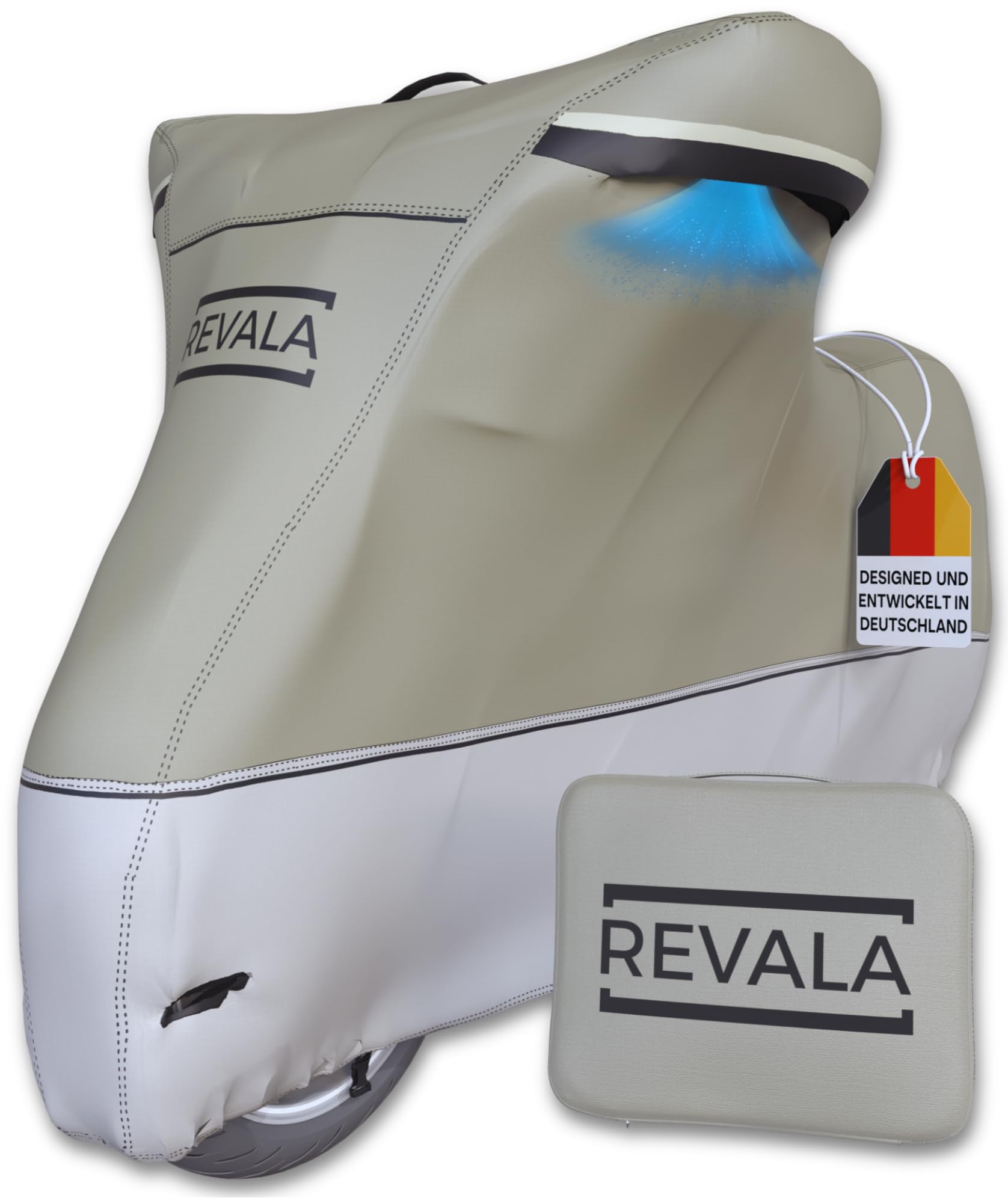 REVALA® Motorrad Abdeckplane Outdoor & Indoor | Wetterfeste Motorrad Garage | wasserdichte Motorradplane für Roller | Robuste Roller Abdeckung für draußen | Hitzebeständig + Tasche | 225x100x125cm