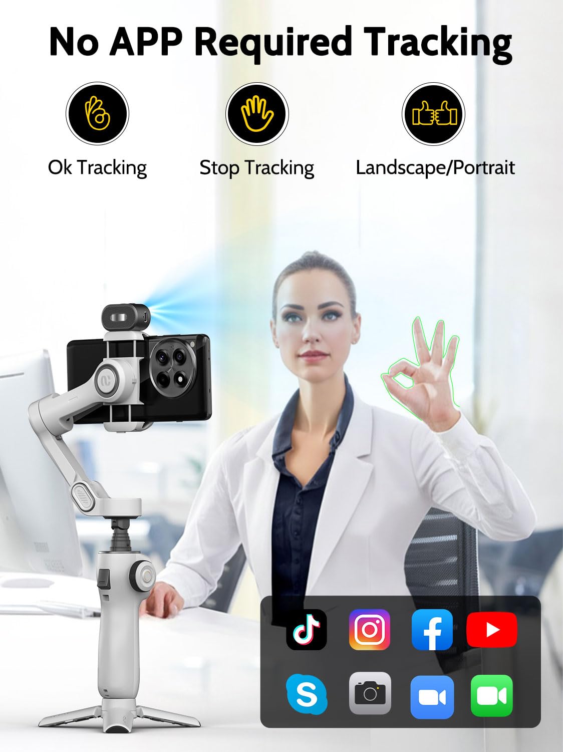 AOCHUAN Estabilizador de cardán para grabación de video, cardán de smartphone de 3 ejes con sensor de seguimiento de IA para vlogging, barra de extensión de 7.8 pies, botón de disparo, YouTube Tiktolk