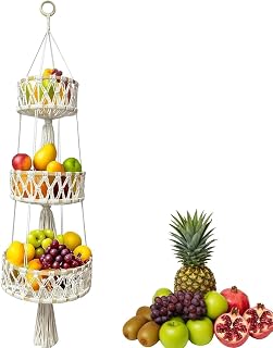 Fruit Basket, Hanging Cotton Rope, Bamboo Hanging Basket, Fruit, Bohemian Bamboo Circle, Fruit Net, 3 Tiers, Hanging Basket, for Kitchen Living Room Bathroom Bedroom, 110cm(Beige)