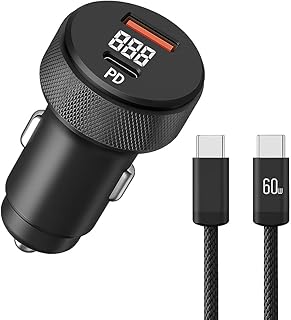 Carregador Veicular Turbo 60W com Display LED Para Automóvel Duas Entradas USB e Tipo-C + Cabo USB-C Rápido Compatível com Android e IOS,PREMIUM