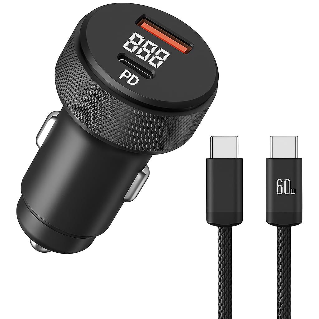 Carregador Veicular Turbo 60W com Display LED Para Automóvel Duas Entradas USB e Tipo-C + Cabo USB-C Rápido Compatível com Android e IOS,PREMIUM