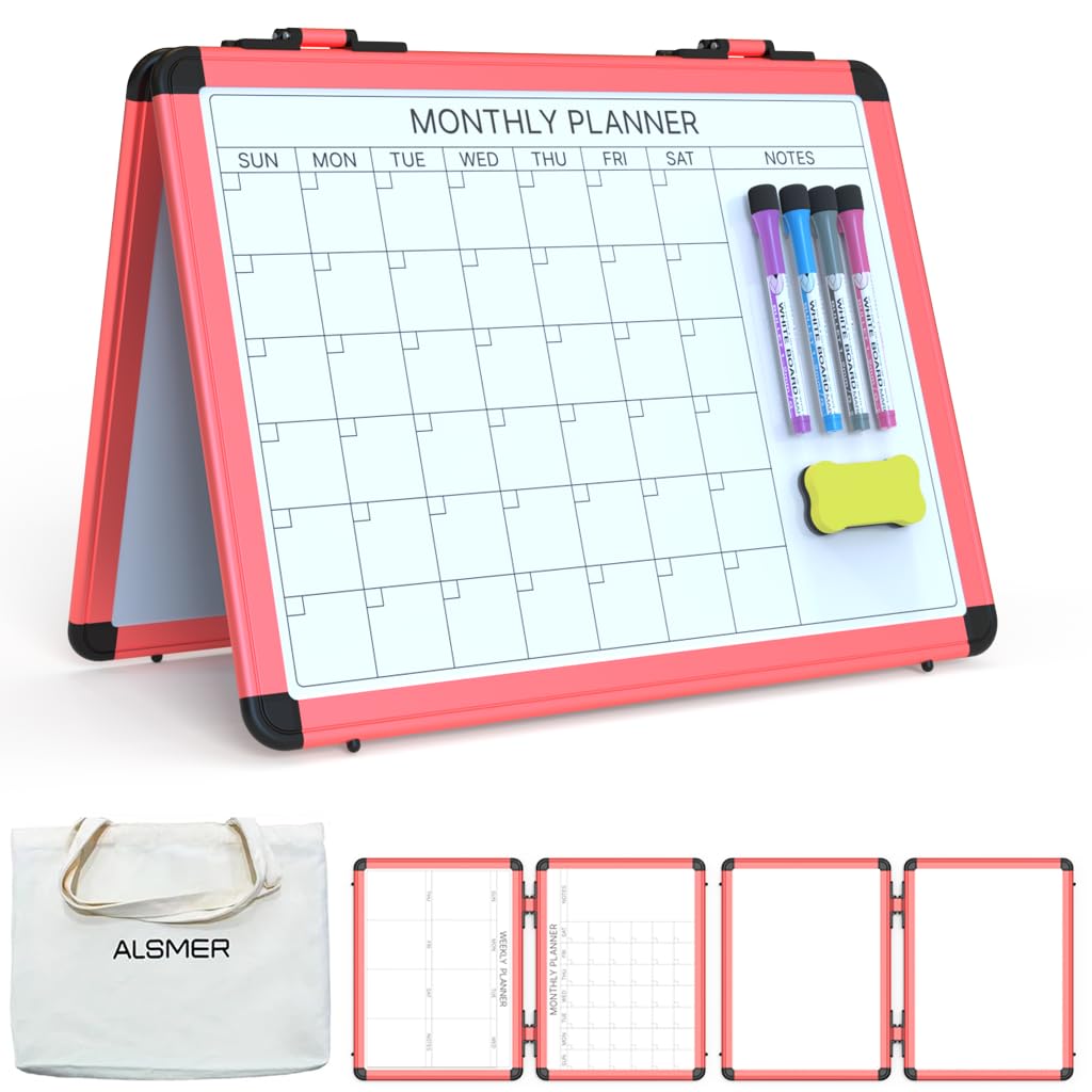 4 Sided Foldable Whiteboards Calendar, 17"x13" Desktop Whiteboard, Integrating with Monthly and Weekly Planner, Multi-Functional Whiteboard Suitable