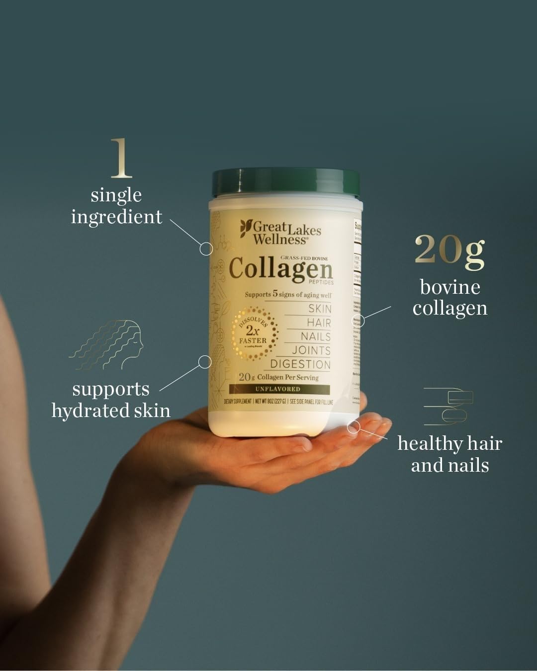 Great Lakes Wellness Peptidi di collagene in polvere per pelle, capelli, unghie, articolazioni e digestione - non aromatizzato - dissolvenza rapida idrolizzata, non OGM, cheto, kosher - 590 ml