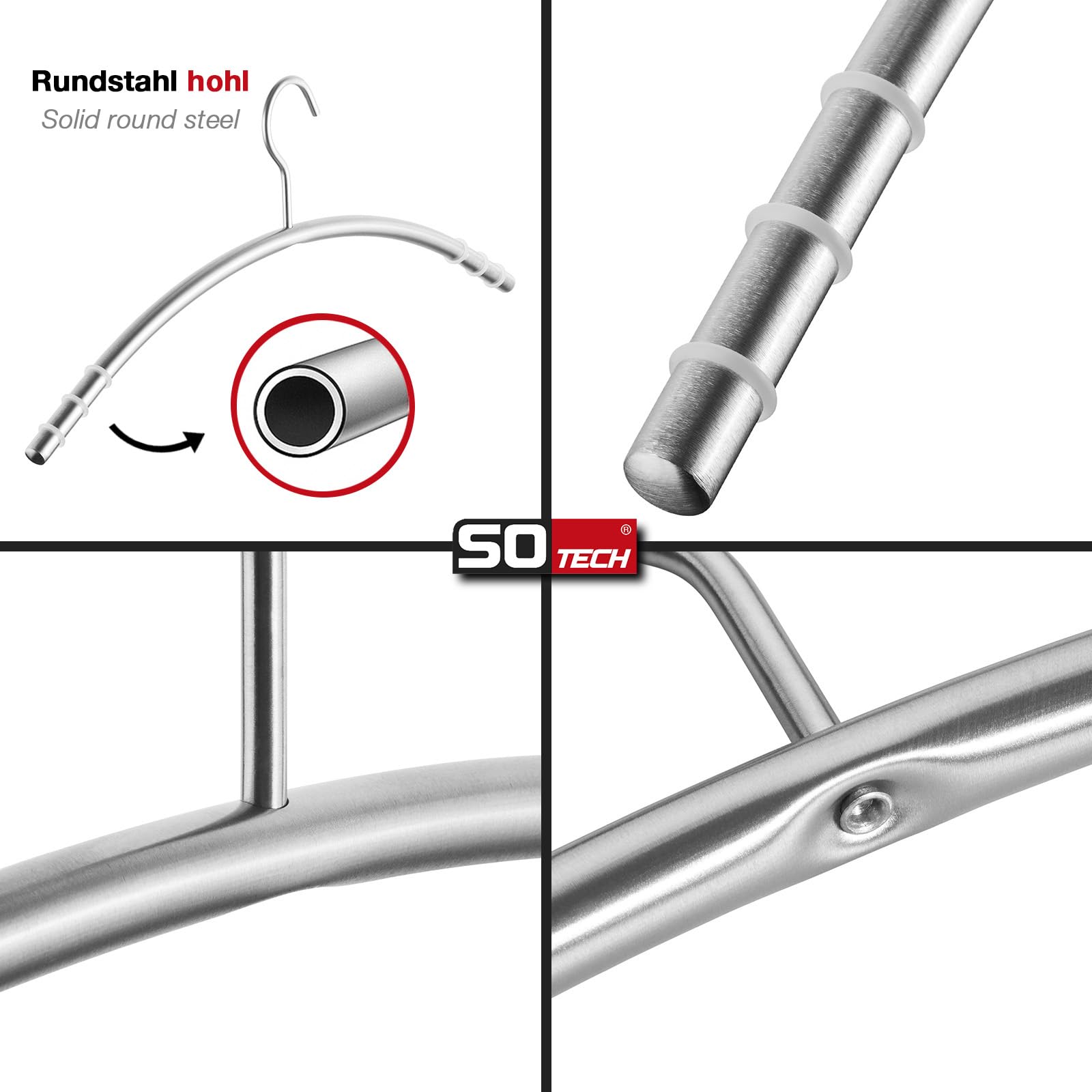 SOTECH 10 Stück Design Kleiderbügel Edelstahl SS201 mit Anti-Rutsch-Ringen (Haken 360 Grad drehbar, Rundrohr Ø 12 mm x 433 mm, gebürstet) Aufhängebügel für Kleiderschränke und Garderoben