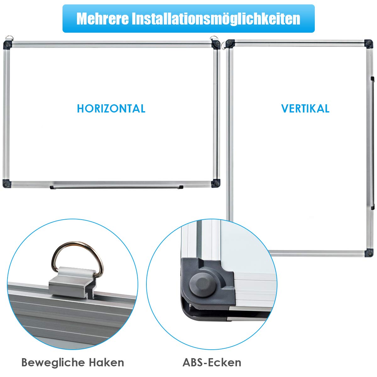 COSTWAY Magnetyczna tablica suchościeralna, 60 x 40 cm, ze zdejmowaną półką na długopisy, 3 długopisy, 2 magnesy, 1 gąbka i listwy aluminiowe, zmywalna na sucho, do zawieszenia, do szkoły, biura