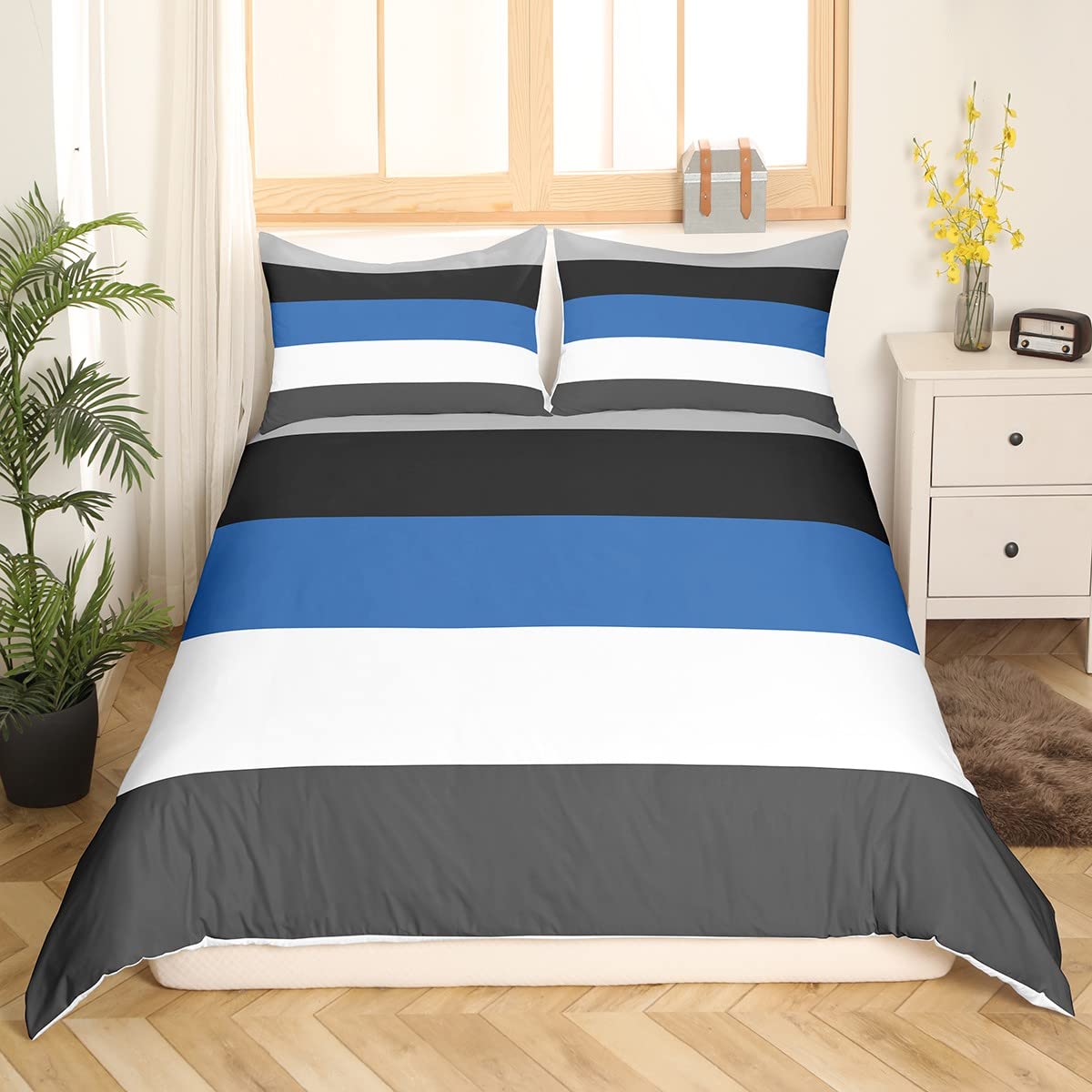 Loussiesd Kids Geometric Abstract Bedding Set Grey Blue Stripes Lines Duvet Cover for Kids Women Men Bedroom Modern Square Decor Comforter Cover Set Decor Single Size Bedding Collection 2Pcs - Image 2