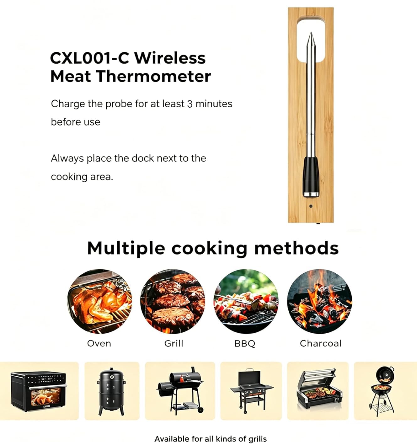 Termómetro de carne inalámbrico, Bluetooth con conexión a aplicación, pantalla LCD, IPX7, resistente al agua, termómetro para barbacoa, horno, barbacoa, cocina