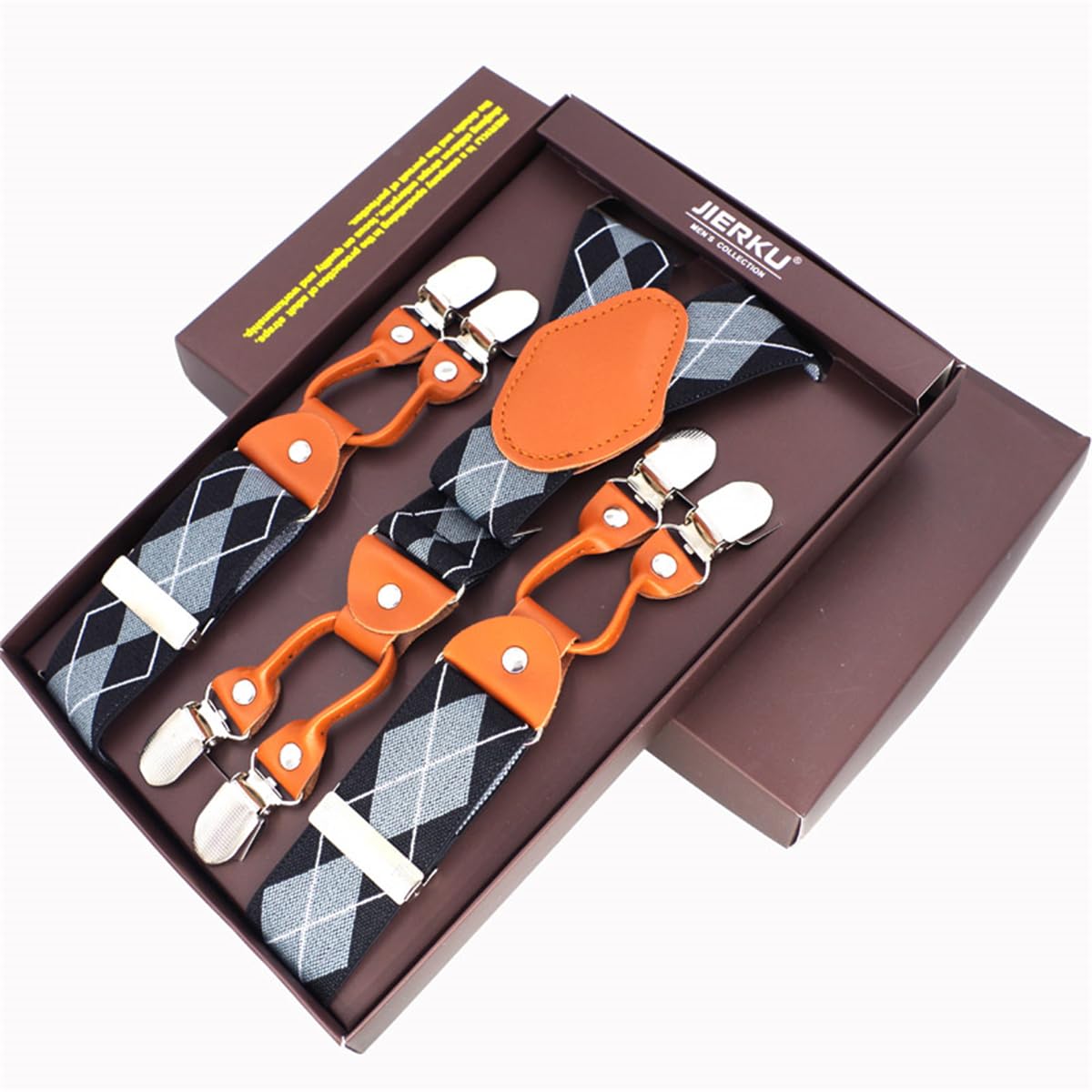 Liaoziyuan159 Diamond Pattern Suspenders for Men 6 Clips Strength Adjustable Y Braces Formal Box Packing DMZJ (Grey)