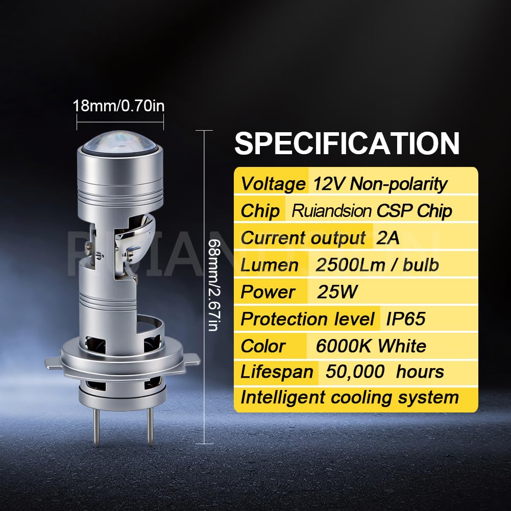 Ruiandsion Lampadina LED H7, super luminosa, 25 W, 2500 lm, 6000 K, bianca, con lente del proiettore, ventola di raffreddamento intelligente, 12 V, non polarità, IP65, impermeabile, plug and play, per