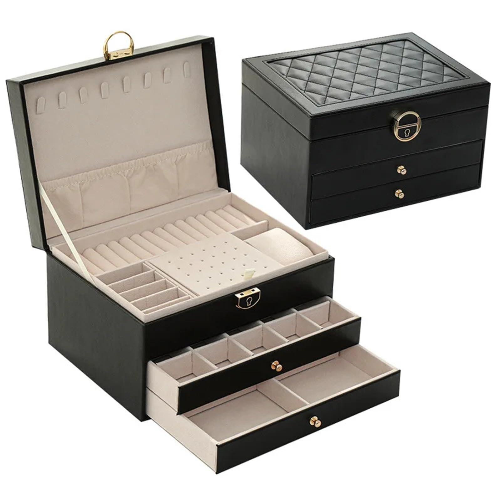 ZZYZD Jewellery Box Three Layers Retro Pu Jewelry Box With Necklace Hook Earrings Ring Bracelet Storage Case For Jewellery(Black)