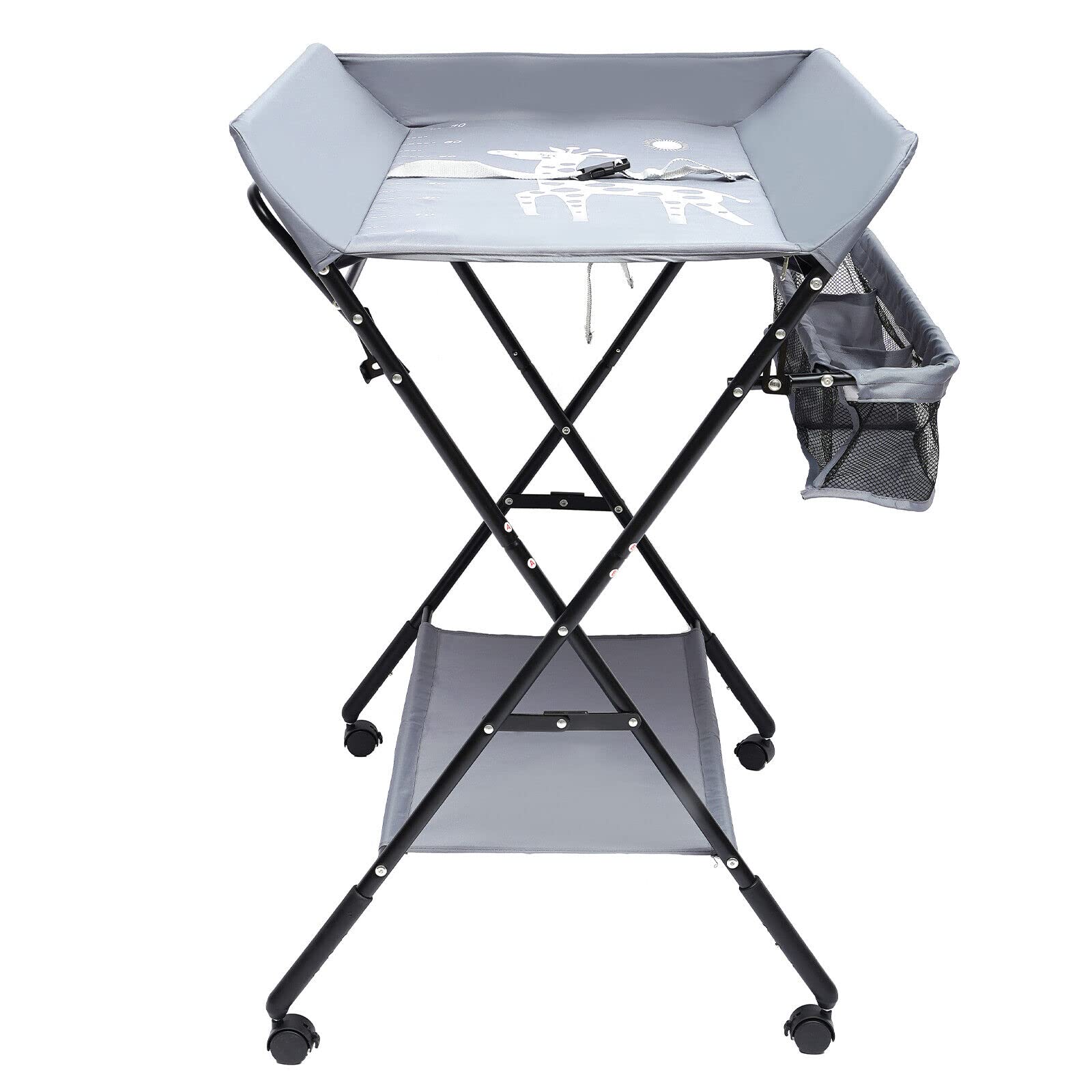 Cambiador para bebé plegable, mesa cambiadora móvil, mesa cambiadora con divisor extraíble, 80 x 63 x 96 cm, equipada con ruedas antideslizantes (gris)