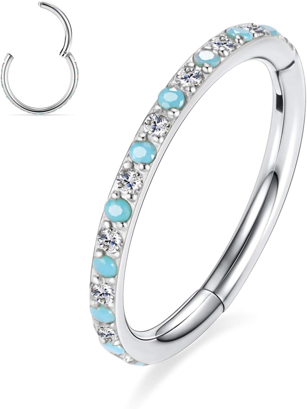 PEAKLINK 316L Surgical Steel Nose Ring Opal Nose Hoop Cartilage Earring Tragus Helix Conch Rook Daith Piercing Jewelry Lip Septum Piercing Silver with CZ & Turquoise 16G 10mm