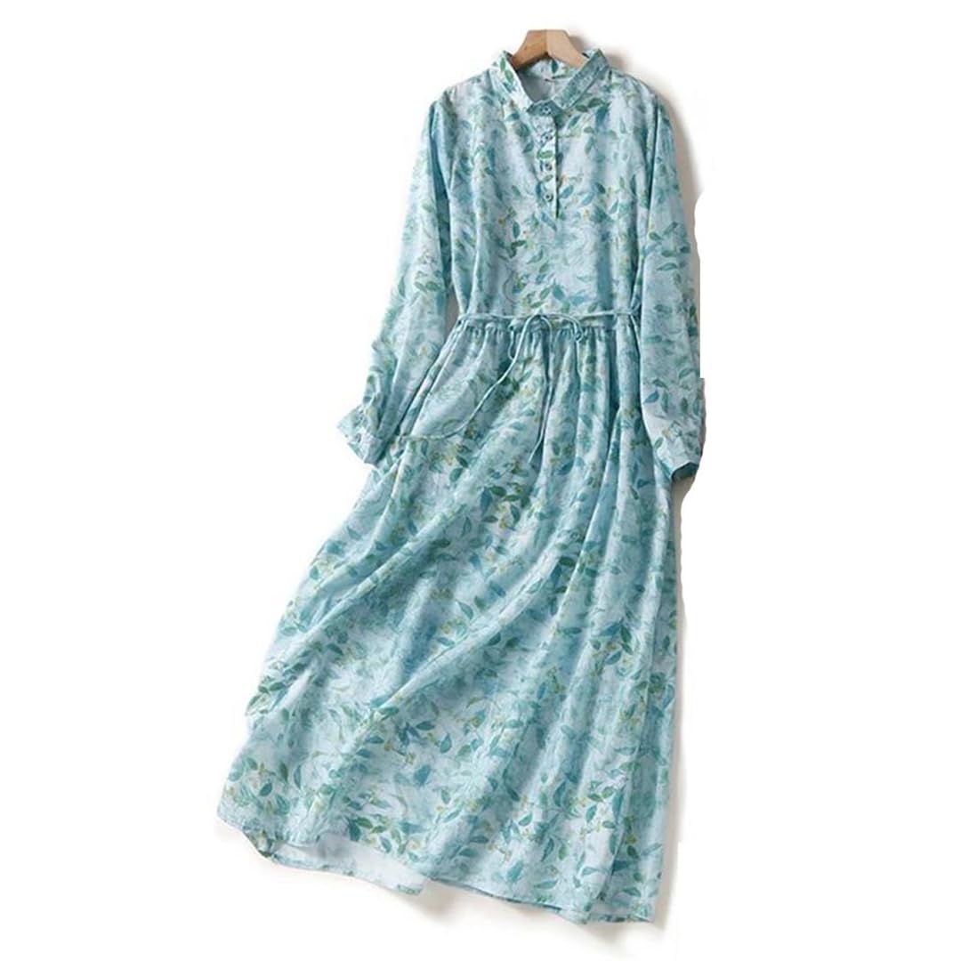 Vestido camisero estampado floral para mujer, manga larga, solapa, casual, acampanado, vestido midi