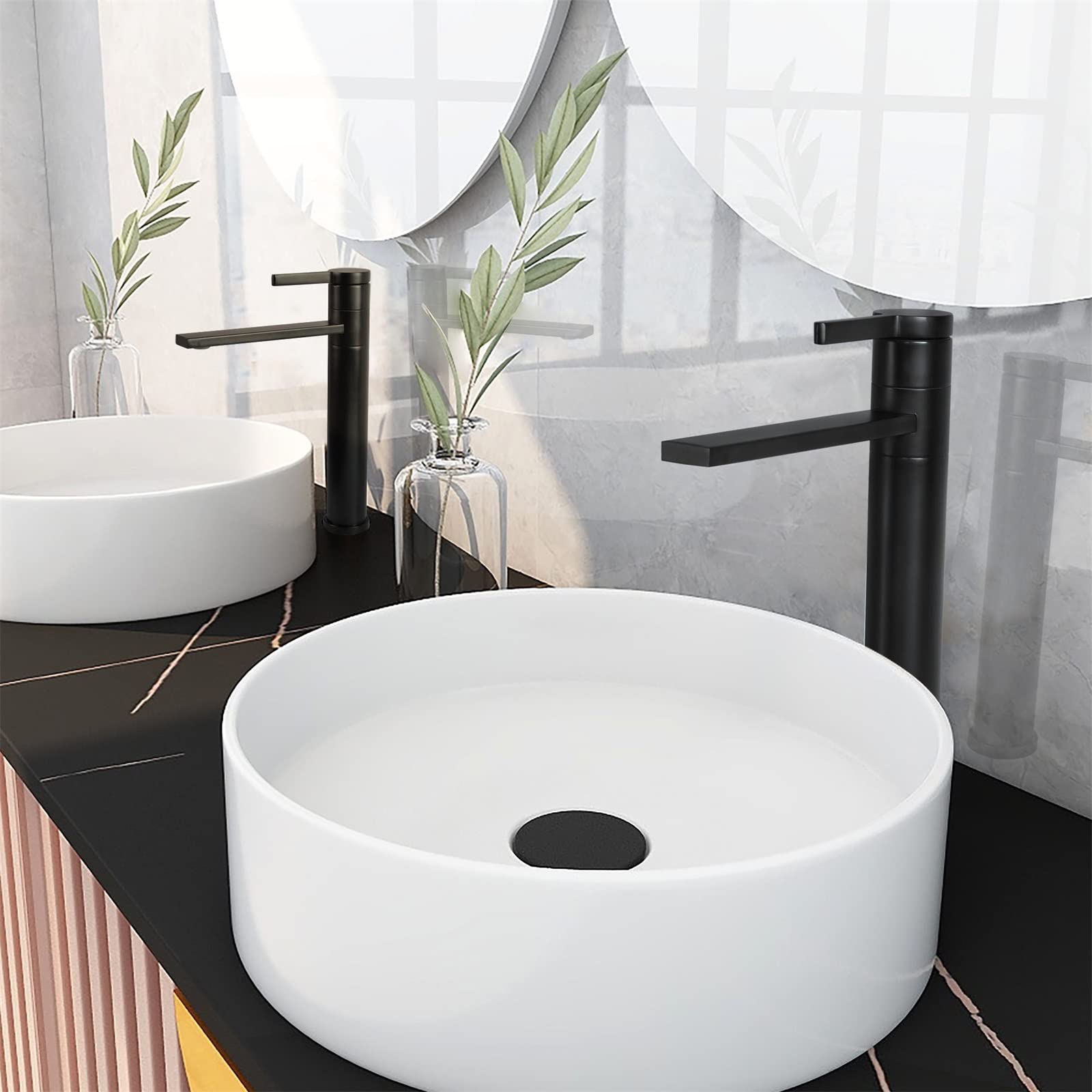 Grifo de lavabo Baño Negro Mate Alto Caño Grifo Lavabo Monomando de Agua Fría y Caliente con Aireador Desmontable SHANFO M3OK-T
