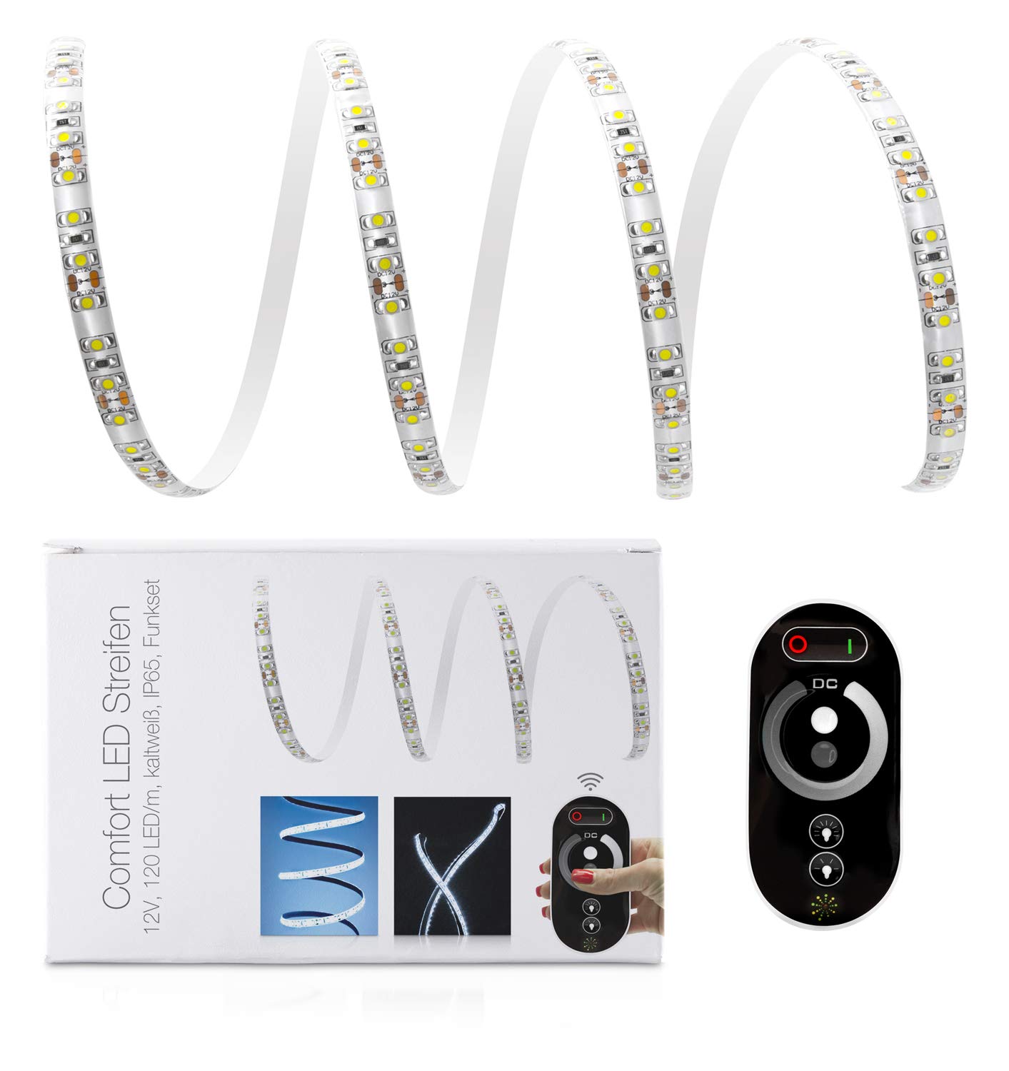 1 metro muy HELLERMANN kaltweißer tira LED (120 LED/M, IP65, 12 V), incluye controlador, mando a distancia y fuente de alimentación