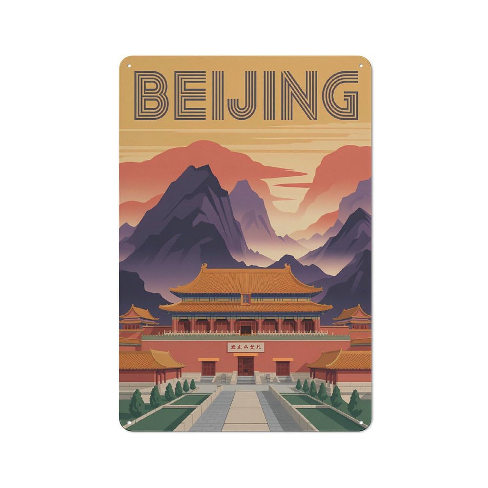 Junmoney Style-3 Metal Wall Sign 30X20cm Featuring Beijing Travel For Bar Or Restaurant, Gift For Bar Decor Enthusiasts During The Christmas Season