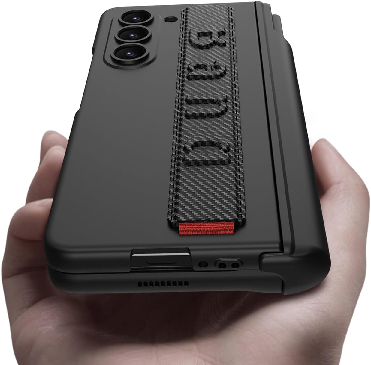 Wristband Magnetic Hinge Phone Case for Samsung Galaxy Z Fold 5, Folding Shell with Pen-Box for Z Fold5, Protective Cover with Tempered Glass Film (Carbon Grain,for Fold 5)