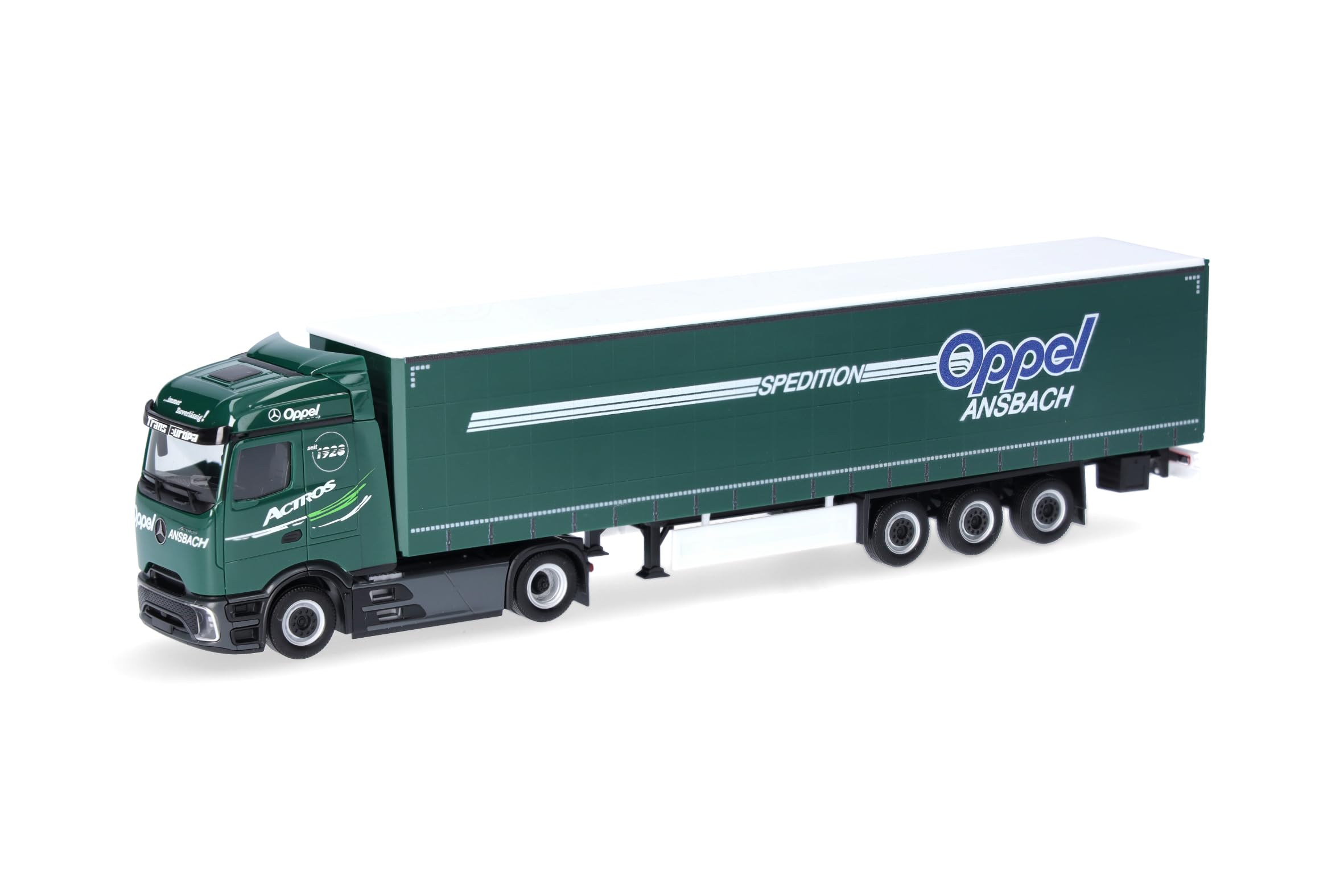 Herpa LKW Modell Mercedes-Benz Actros Procabin Streamspace Gardinenplanen-Sattelzug Oppel Ansbach, Miniatur im Maßstab 1:87, Sammlerstück, Made in Germany, Kunststoff, Grün