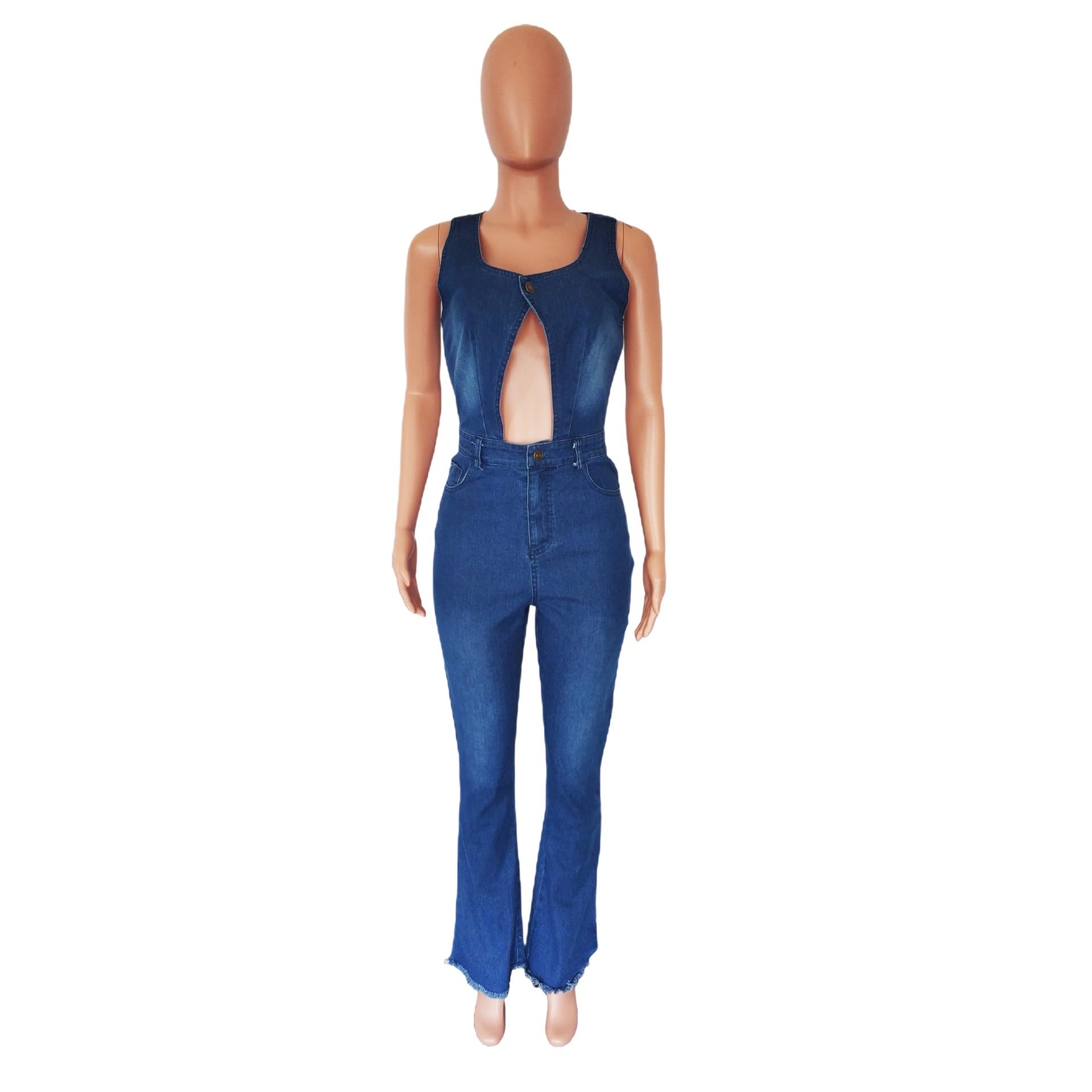 Combinaison en Denim Ajourée pour Femmes Sexy Col Rond sans Manches Fermeture À Boutons Moulante Pantalon Long Évasé Jumpsuits Streetwear