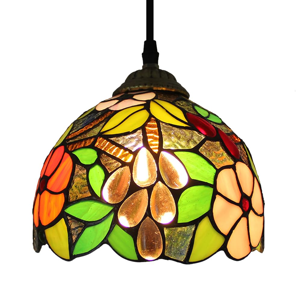 Chao Zan Tiffany Style Pendant Light, Stained Glass Grape Design, Multicoloured Floral Pattern, Hanging Ceiling Lamp,Living Room, Bedroom, Corridor, E27 Chandelier Lights (Figure: A)