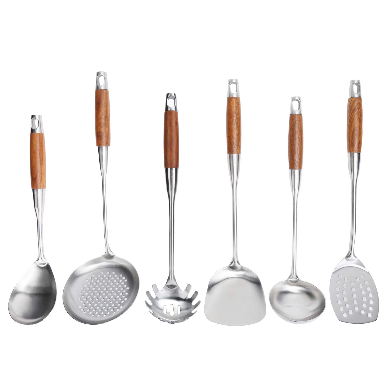 Juego de Espátula de Cocina con de Madera, Utensilios de Cocina Duraderos de Acero Inoxidable 304 para Chefs Caseros, 6 Unidades, Diseño que Ahorra Espacio
