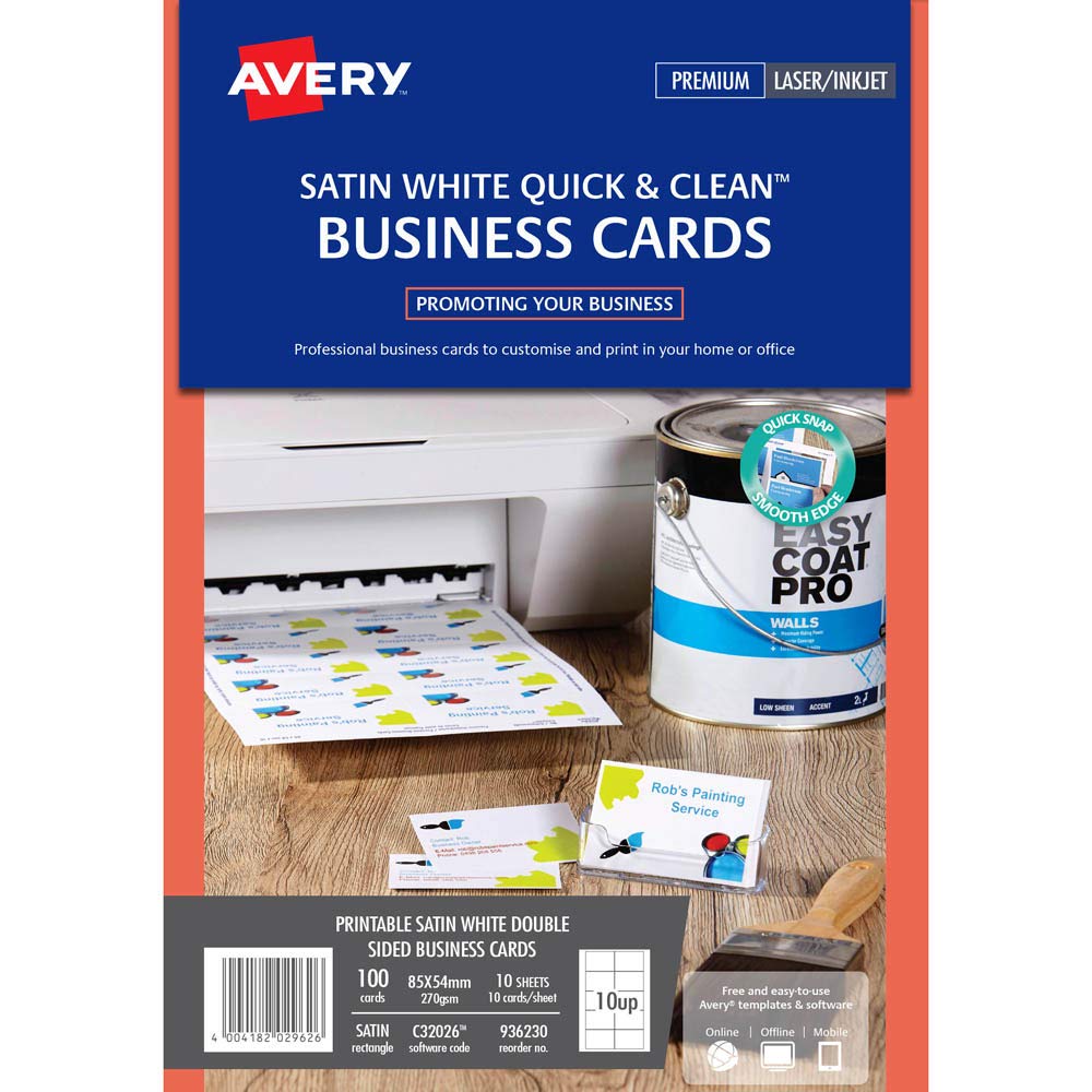 Avery C32026-10 Double Side Printable Business Cards With Satin Finish, 270 Gsm For Laser Printers (85 X 54Mm Cards, 10 Cards Per A4 Sheet, 10 Sheets Per Pack) - Bright White