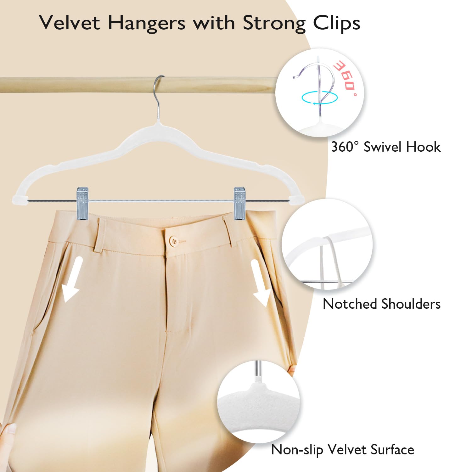 ManGotree Perchas para Pantalones con Pinzas Móviles, Perchas de Terciopelo Antideslizantes, Ahorran Espacio para Camisas, Pantalones, Vestidos, Faldas, Abrigos (32 Pack, Blanco)