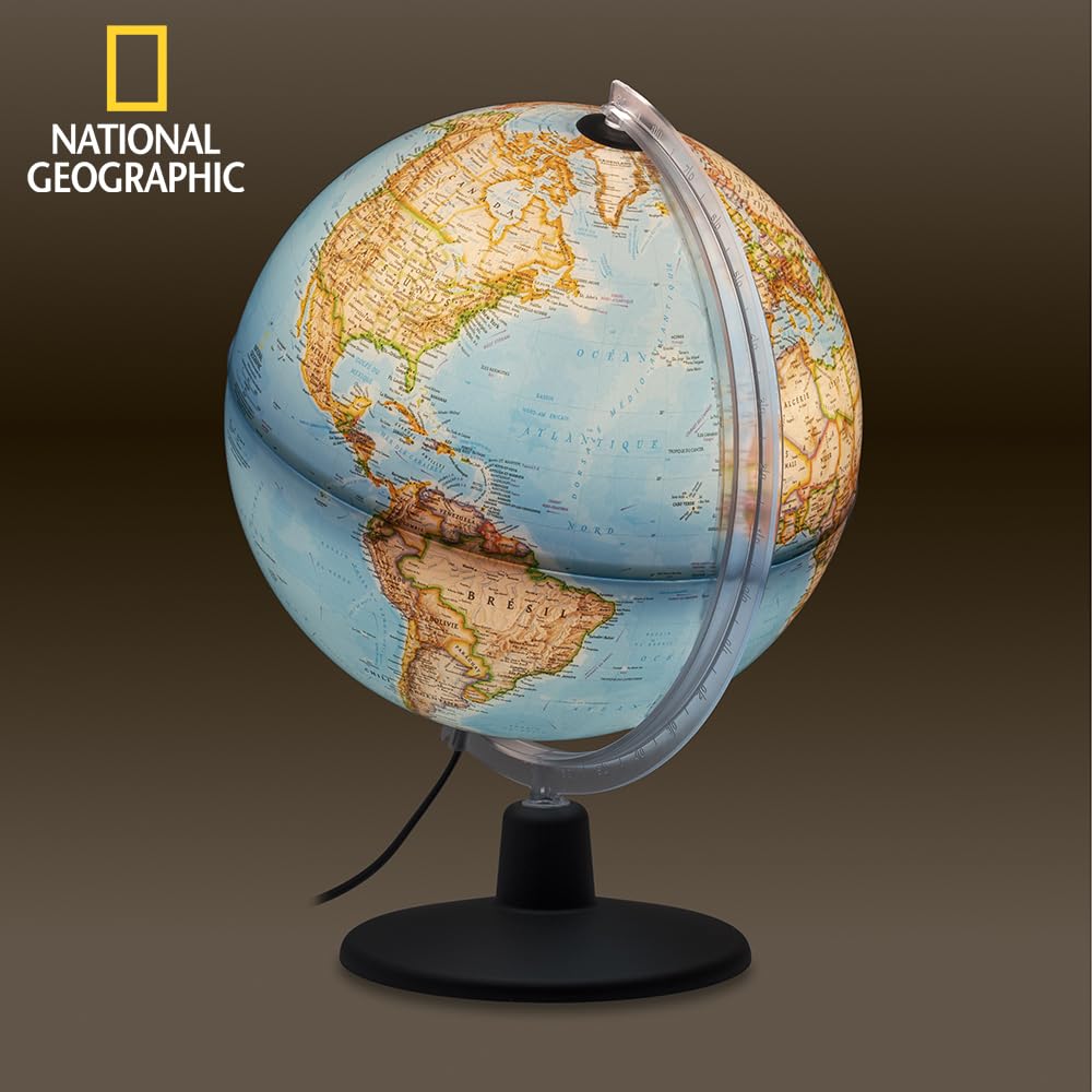Tecnodidattica – Globe terrestre NATGEO Classic | Cartographie officielle physico-politique NATIONAL GEOGRAPHIC Classic | Lumineux et rotatif | Textes en français | Diamètre 30 cm