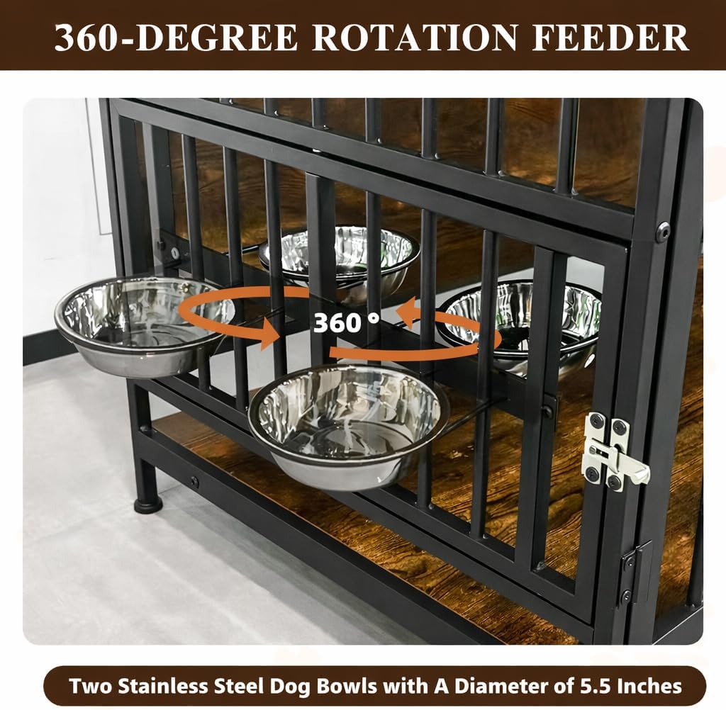 41 Inch Dog Crate Furniture for Large Dogs, Wooden Indoor Dog Cage with Double Doors, Built-in 360° Swivel Bowls, Comfortable Flat Floor, Rustic Style End Table Kennel