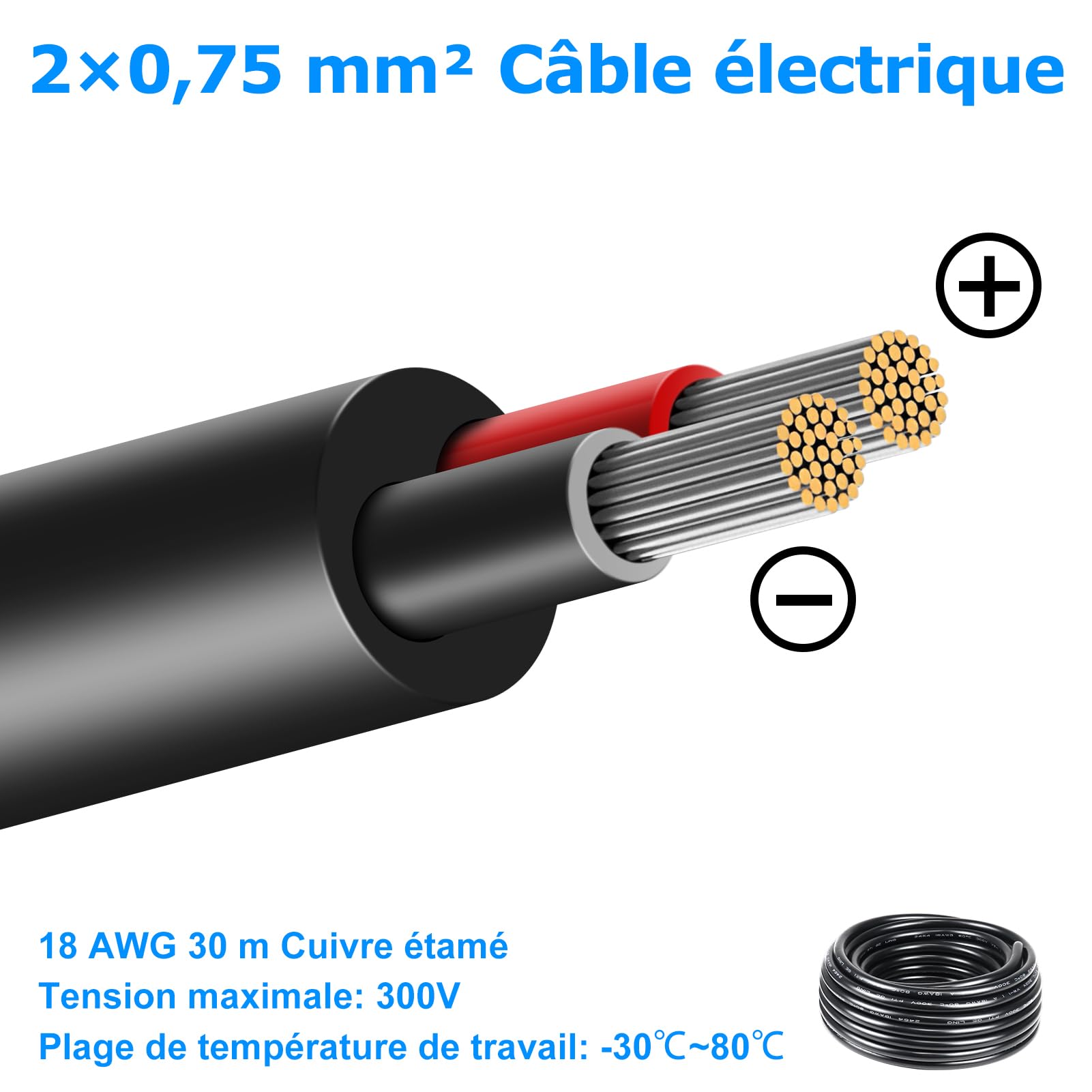 Cable Eléctrico 30 Metros 18 AWG 2x0,75mm², Cable de 2 Conductores 5V/12V/24V/220V, Cobre Estañado, Flexible y Flexible, Baja Impedancia, Alta Resistencia a la Temperatura, Cable de Extensión