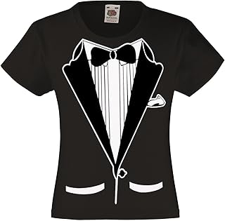 fresh tees Kids Black and White Tuxedo with Bow Tie T-Shirt Funny Shirt (X-Large (18-20), Black)