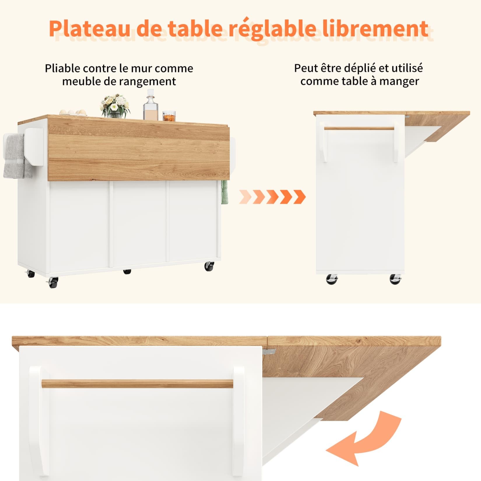 PUGSDRLY Desserte ilôt de Cuisine avec roulettes,Buffet Cuisine de Rangement avec Plateau de Table Pliable,Chariot de Repas,2 Tiroirs et 3 Portes,Espace de Rangement Multifonctionnel (Blanc-C)