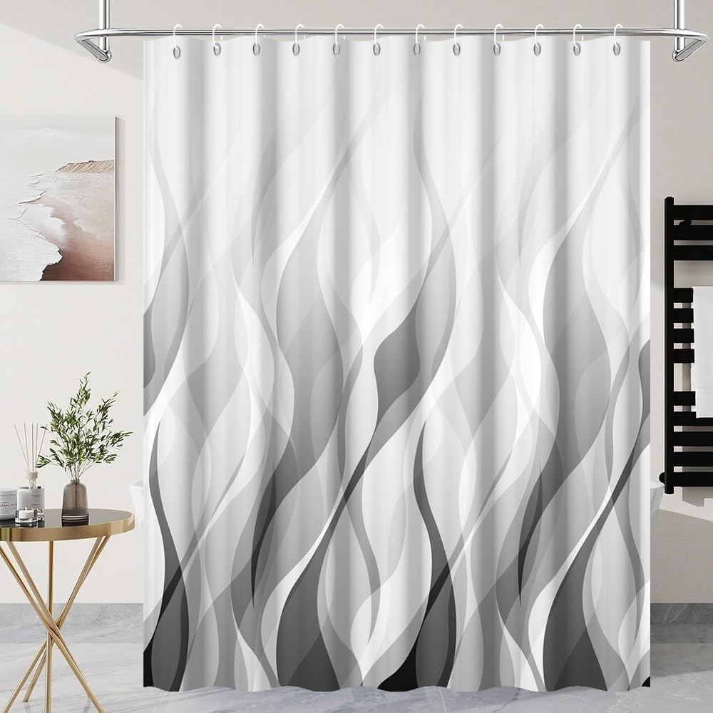 UIYIUI Grey Striped Shower Curtain for Bathroom Decor 39x75in/100x190/WxH Modern Abstract Ombre Geometric Waves Bathroom Decor Curtain, Polyester Fabric Waterproof Bath Curtains with Hooks