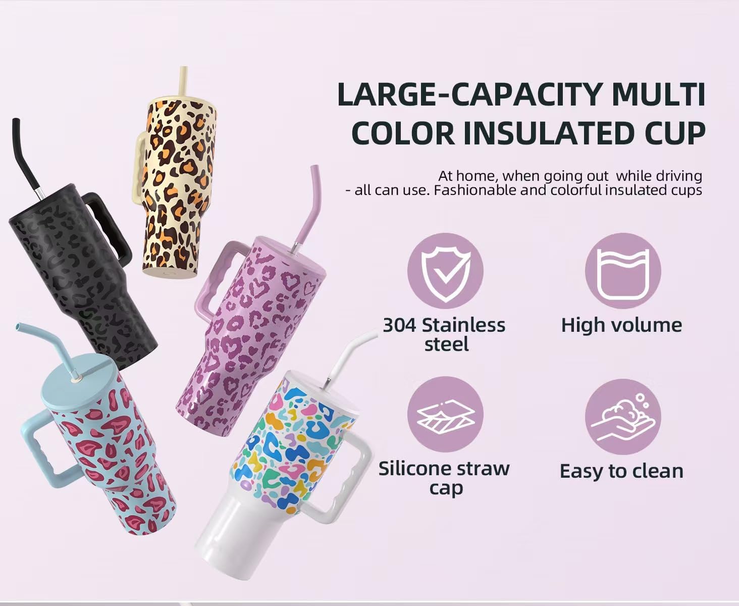 Large capacity 40 oz Tumbler with Handle, Insulated Tumbler with Lid and Straw, Stainless Steel Travel Mug, Keeps Cold for 24 Hours, Leak Proof, Fits in Car Cup Holder (Black leopard print) - Image 2