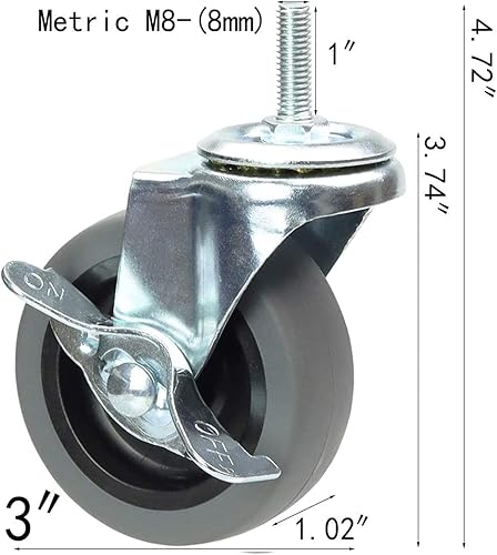 Miniatura 3 de Ruedas giratorias de 3 pulgadas con freno, juego de 4, ruedas de goma industriales de vástago roscado M8-1.25, repuesto para muebles y banco de