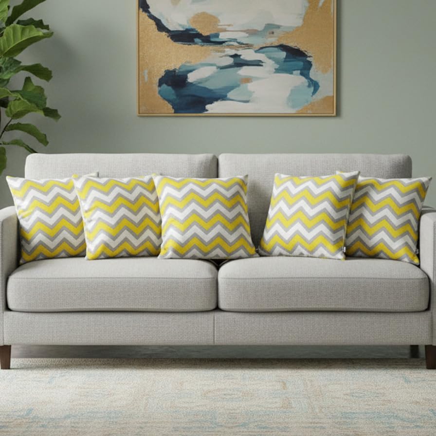 HOMEMONDE Cotton Set Of 5 Cushion Covers Sofa Throw Pillowcase Soft Pillow Cover Home Décor Cushion Case (Yellow Chevron, 20 X 20 Inches), 120 TC