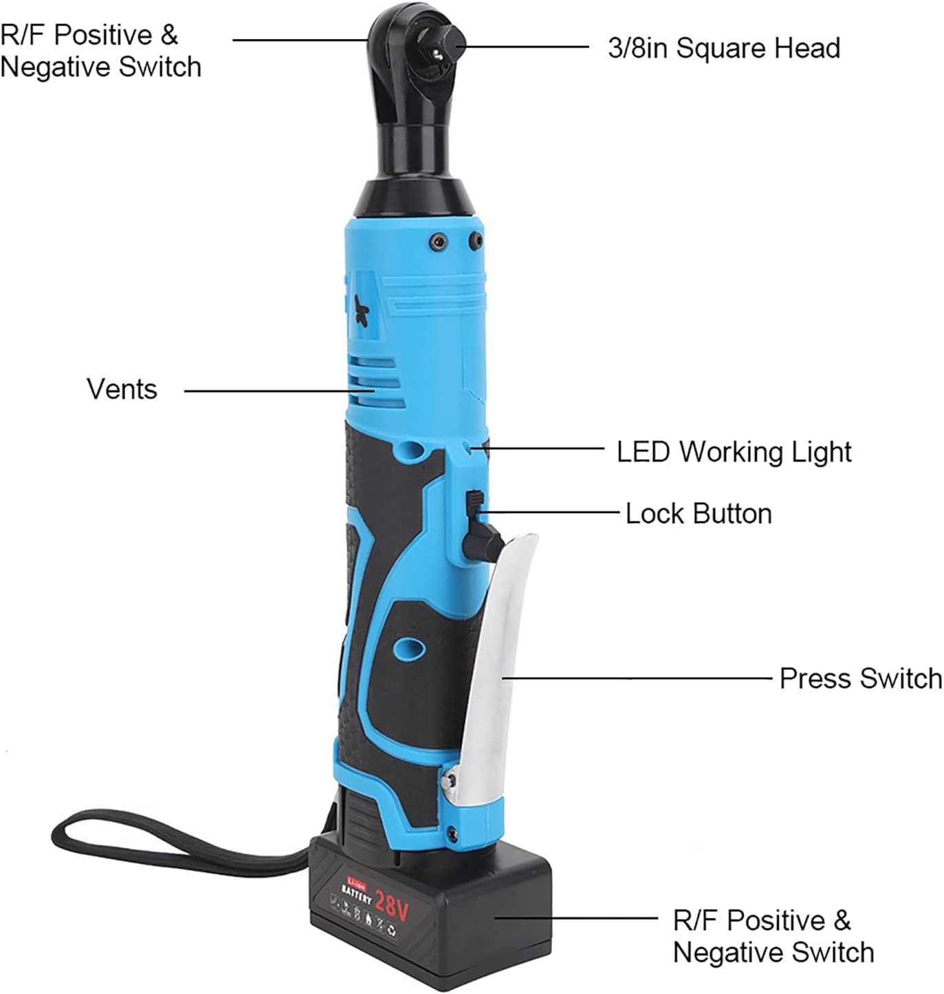Eujgoov Electric Right Angle Wrench ratchet rechargeable cordless batteries Torque Pneumatic Tool with 230RPM LED Lights, 8000mAh Battery for Stage Construction, Car Maintenance