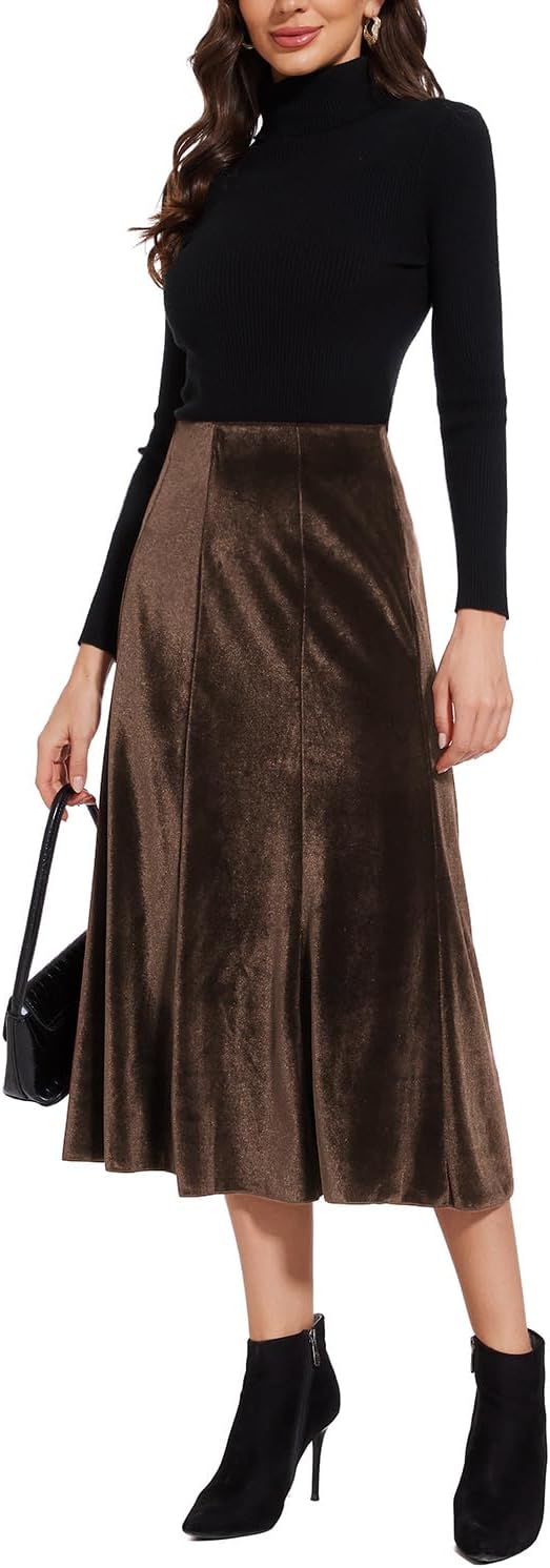 Women’s Elegant Vintage Velvet Midi Skirt Flowy 8-Panel Design - Image 5