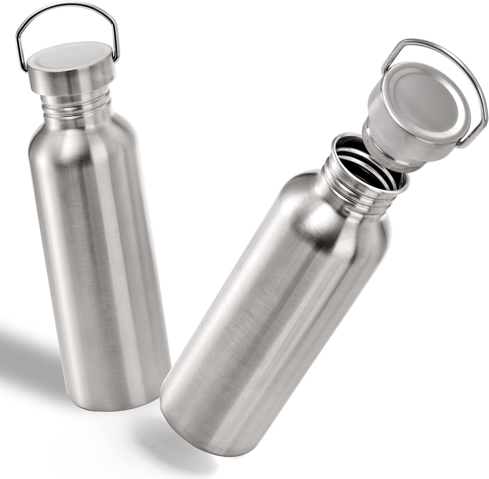 2 Pack Stainless Steel Sports Water Bottles, 750ml / 26oz Single Walled 18/8 Stainless Steel Water Bottle with Handle, Uninsulate Metal Water Bottle for Cyclists, Runners, Hikers, Picnics