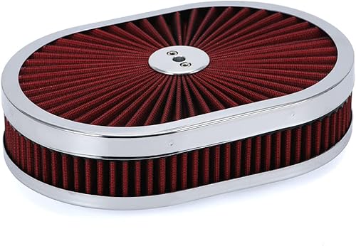 Conjunto de filtro de aire ovalado de 12 x 2 pulgadas, cuello de carbohidratos de 5-18 pulgadas con tapa de flujo pasante, cromado de alto flujo,