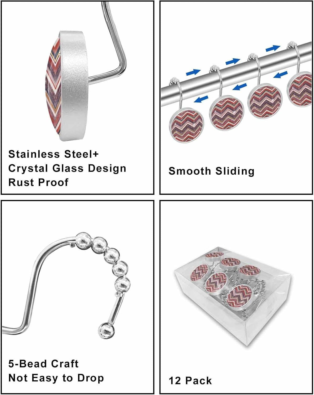 Shower Curtain Hooks 12 Pcs, Northern Europe Red Geometric Wave Stripes Stainless Steel Rust Proof Rolling Shower Curtain Rings, Decorative Shower Curtain Hooks Hangers for Bathroom, Bath Ball