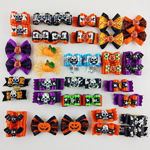 Hixixi 24pcs/12pairs Pet Dog Hair Bows Halloween Designs Puppy Grooming Bows Hair Accessories with Rubber Bands