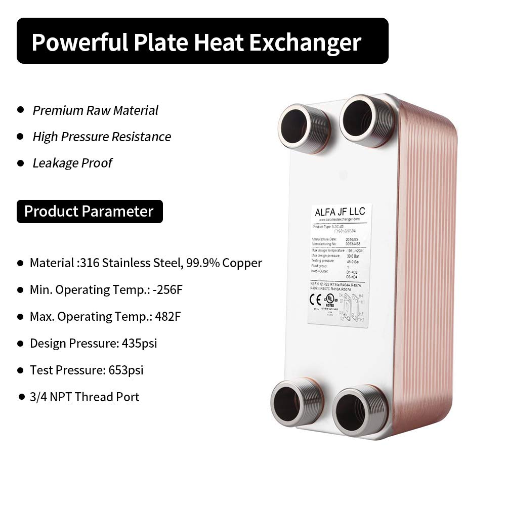 AB Plate Heat Exchanger, 3"x8" 20 Plates Water To Water Heat Exchanger