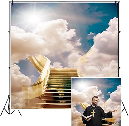 Telón de fondo de escalera al cielo enviado de 4 x 4 pies para sesión de fotos, escaleras del paraíso, nubes sagradas, telón de fondo de fotografía