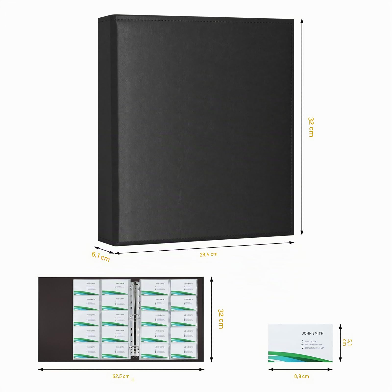 Classeur Visites A4 600 Cartes - Housse PU Cuir, 30 Feuilles Rechargeables (20 Poches/Face), Design Chargement Latéral pour Cartes de Visite & Bancaires, Organisation Bureau, Noir