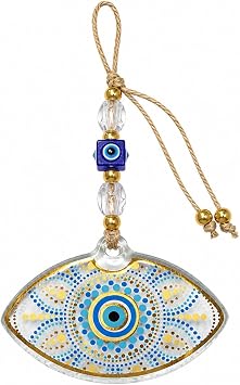 Handmade Glass Evil Eye Wall Hanging, Clear Blue with Gold Hand-Painted Details Boho Home Decor & Housewarming Gift Eye 2 - Large GNB1109