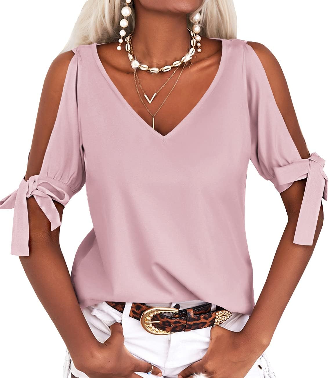 Veatzaer Women's Cold Shoulder Tops Short Sleeve V-Neck Casual Loose Cutout Summer Fashion Tshirts Blouse Shirts